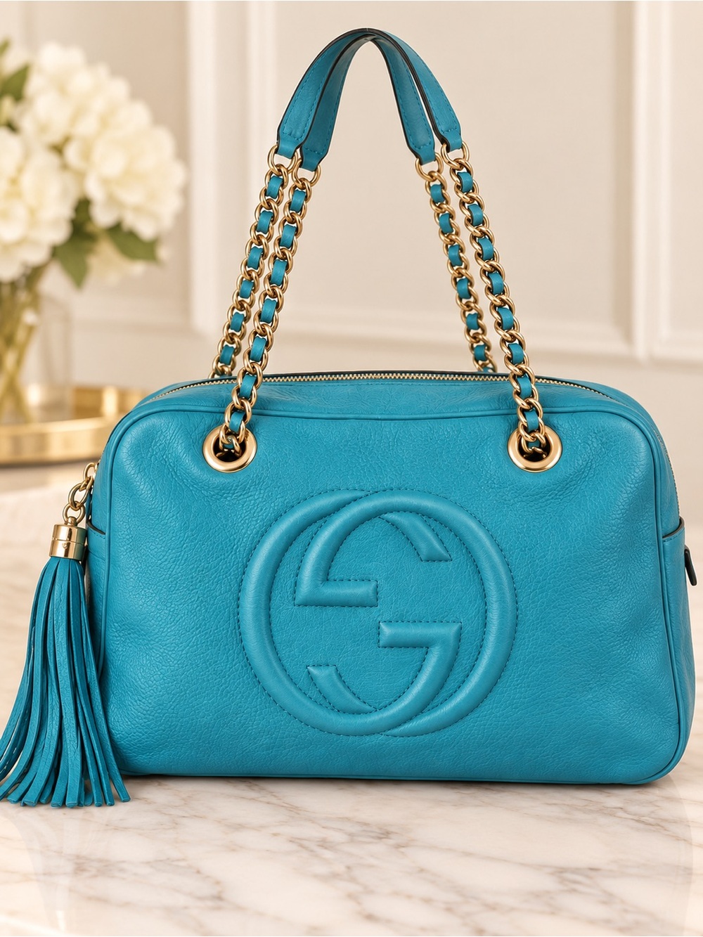 Gucci Soho Medium Turquoise Pebbled Leather Chain Shoulder Bag